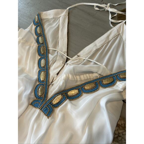 Asa Kaftans White Halter Dress Gold Turquoise Beading Size L / XL High Low - Picture 10 of 10